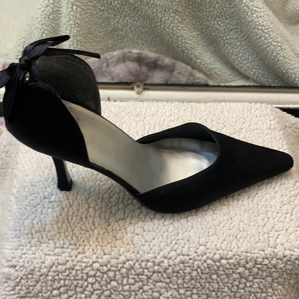 Worn once black satin  3.5  inch heel pump